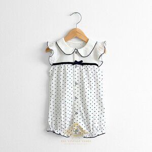 NWT Pretty Girls One-piece Romper Bubble Ruffled Polkadots White & Navy 12-18M